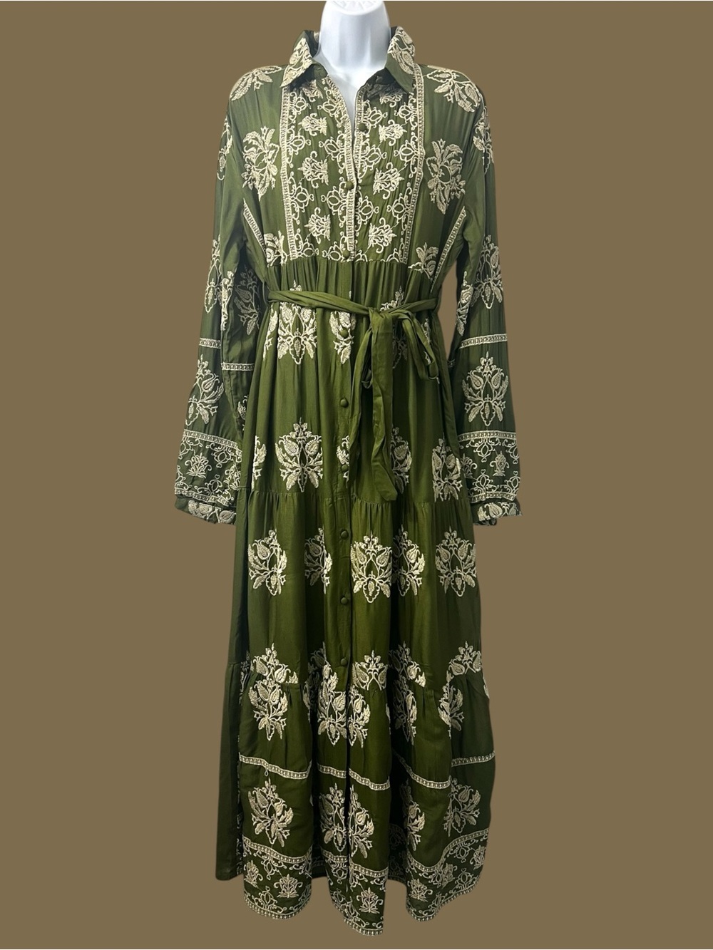 Women’s Long Sleeves Embroidered Shirt Maxi Dress Cottage Boho Western One Size